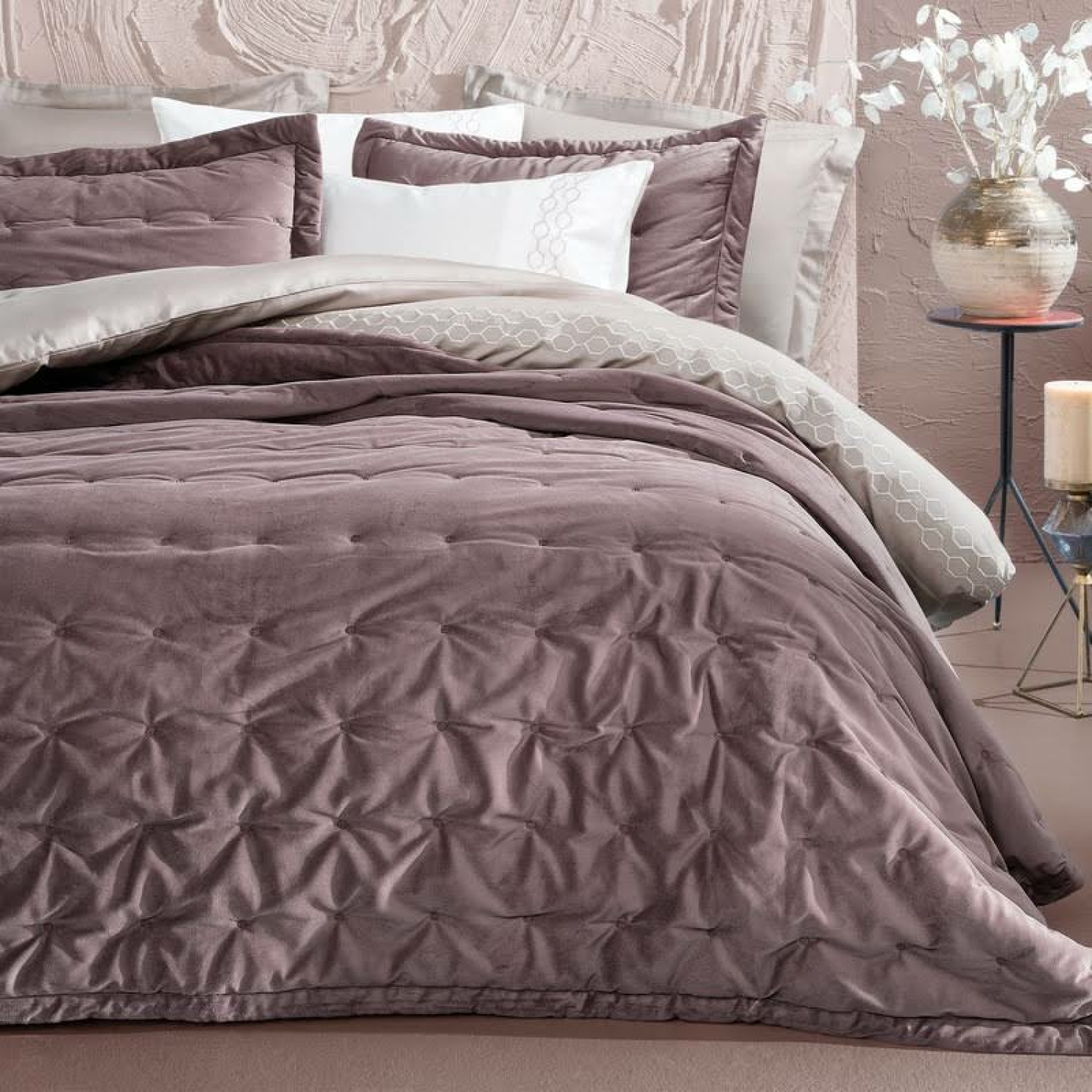 Yataş Bedding Vals Çift Kişilik Kadife Yatak Örtüsü Seti - Kül Moru