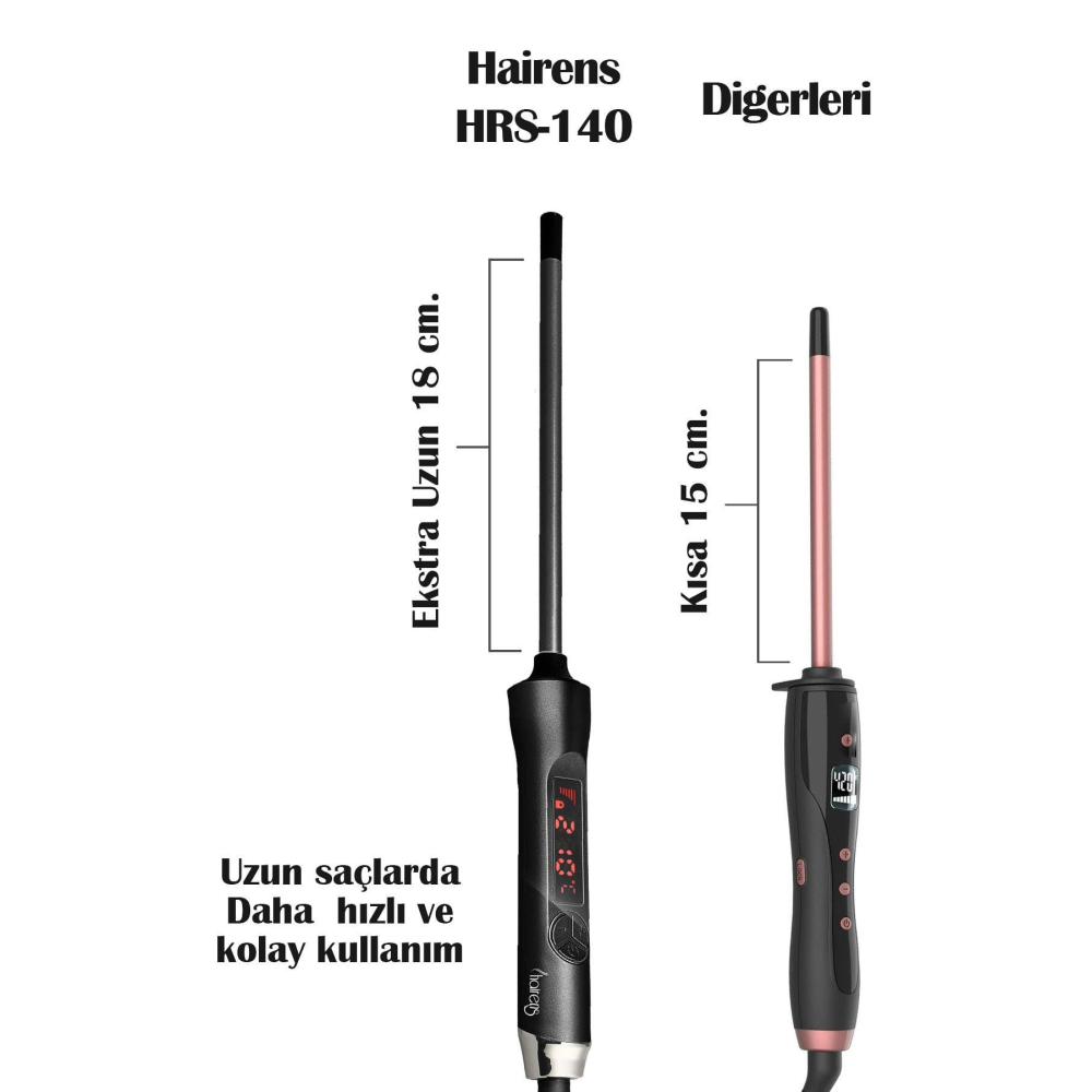 Hairens HRS-140 Afro Dalga 9 Mm. Kıvırcık Saç Maşası, 18 Cm. Ekstra Uzun Başlık + Eldiven