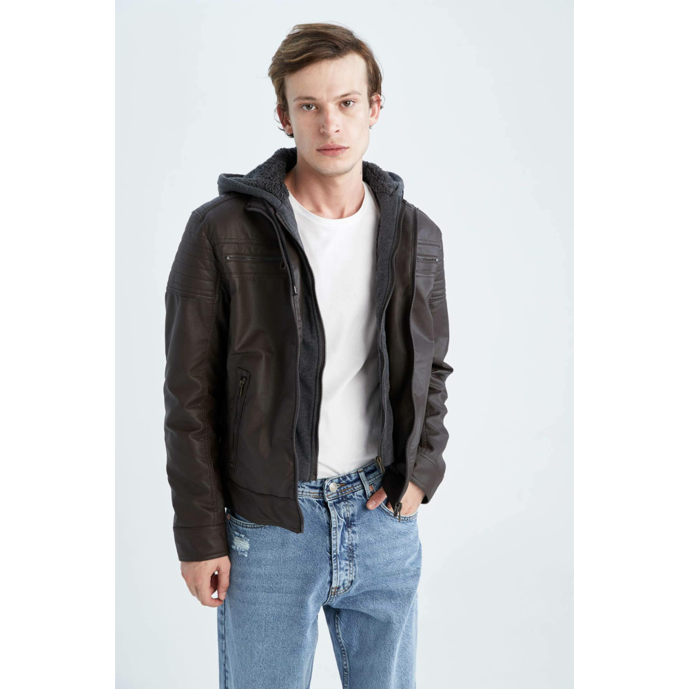 DeFacto Erkek Slim Fit Kapüşonlu İçi Yumuşak Tüylü Suni Deri Mont