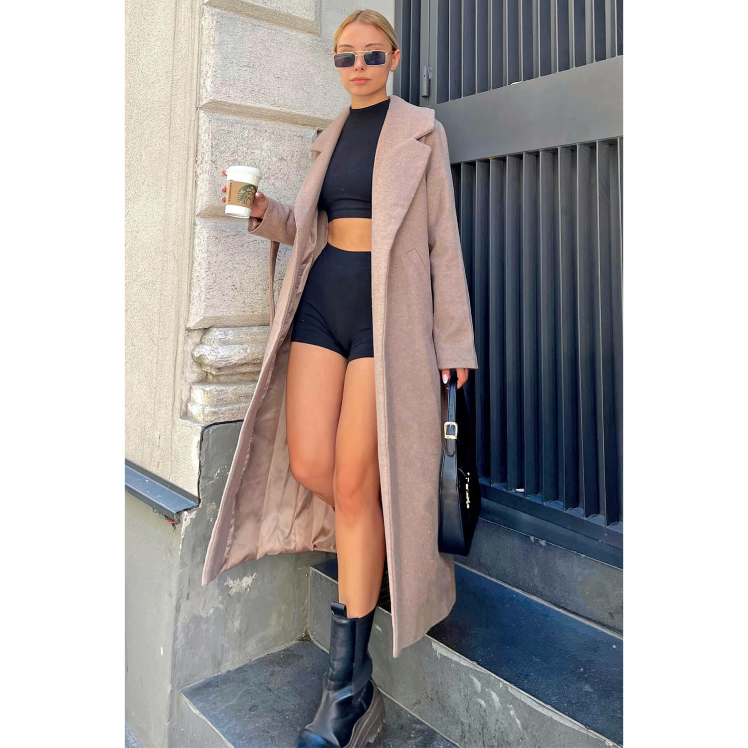 Swist Vizon Kemerli Astarlı Uzun Kadın Kaşe Kaban - M