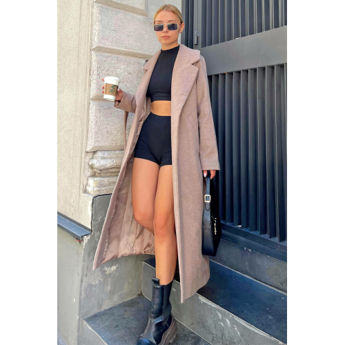 Swist Vizon Kemerli Astarlı Uzun Kadın Kaşe Kaban - M