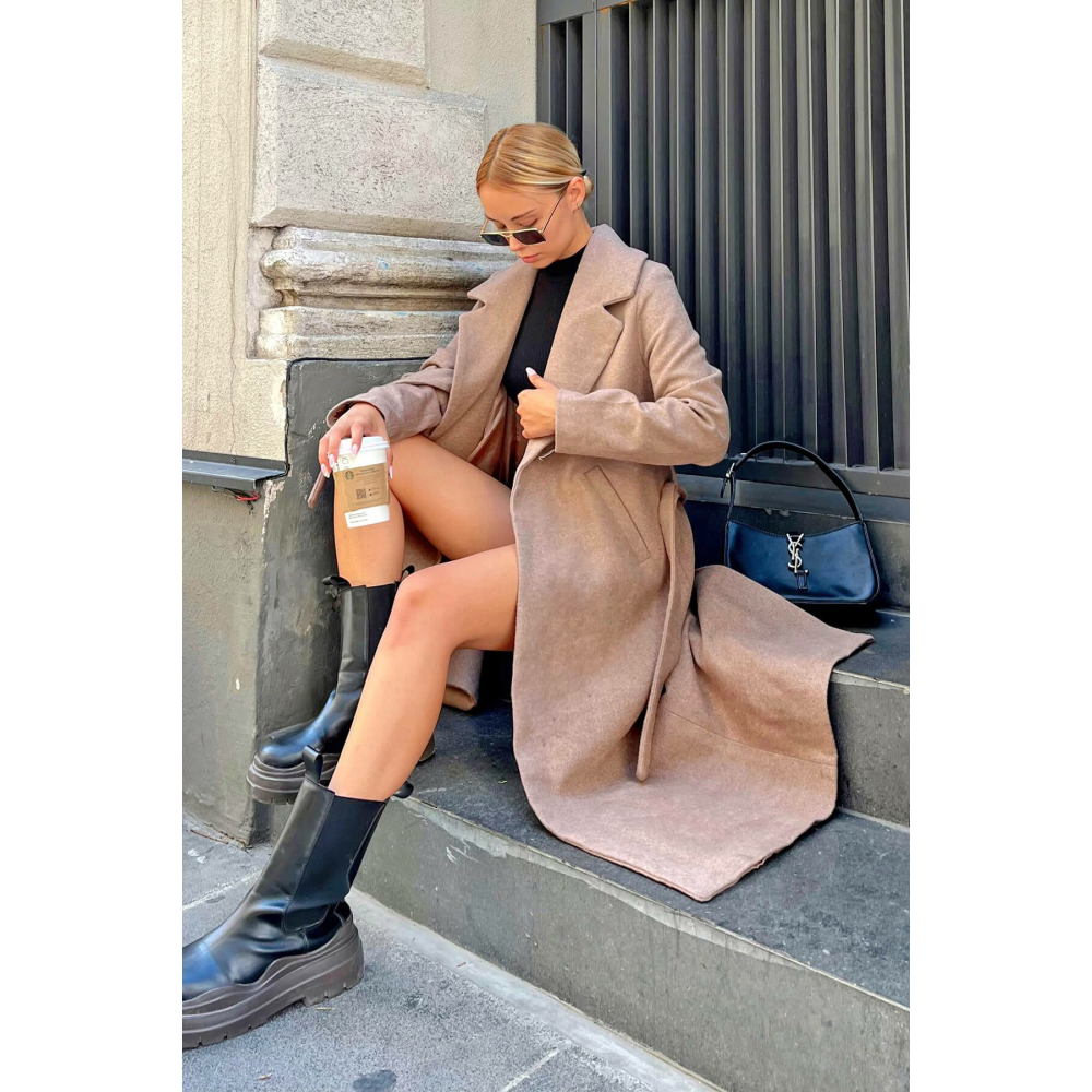 Swist Vizon Kemerli Astarlı Uzun Kadın Kaşe Kaban - M