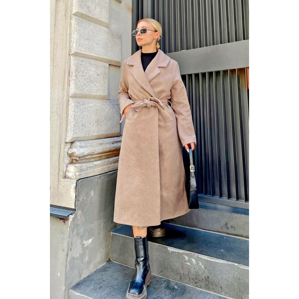 Swist Vizon Kemerli Astarlı Uzun Kadın Kaşe Kaban - M