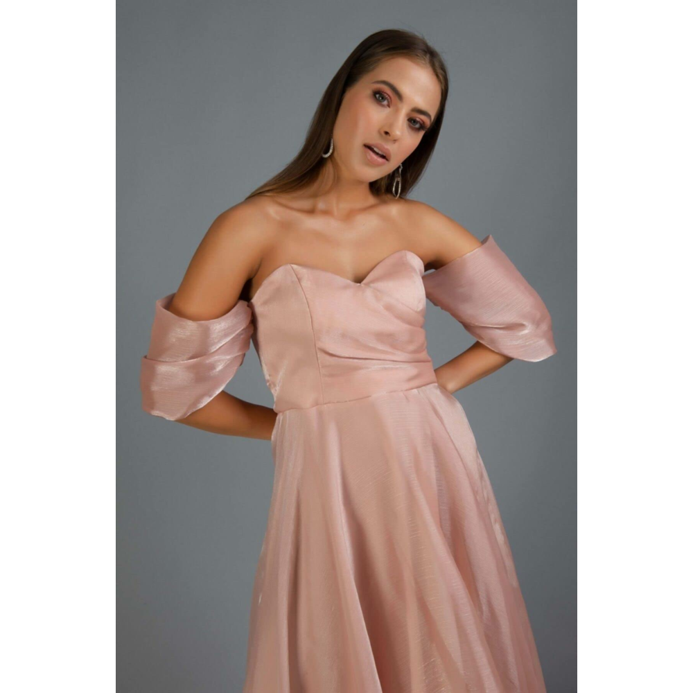 Carmen Gold Düşük Kollu Organze Nişan Abiye Elbise