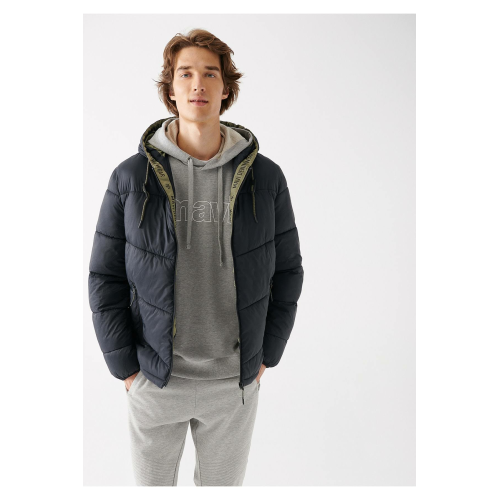 Mavi Erkek Kapüşonlu Siyah Şişme Mont