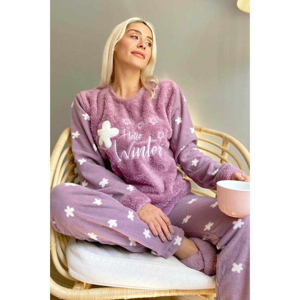 Pijama Evi Hello Winter Desenli Kadın Peluş Pijama Takımı - S - Mor