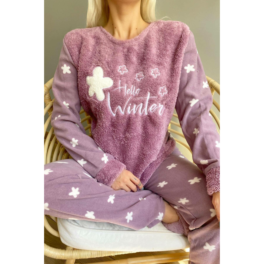 Pijama Evi Hello Winter Desenli Kadın Peluş Pijama Takımı - S - Mor