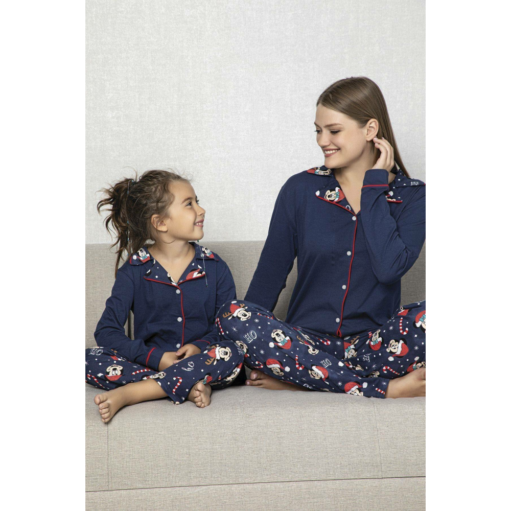 Siyah İnci Pamuklu Likrali Biyeli Düğmeli Pijama Takım S Beden