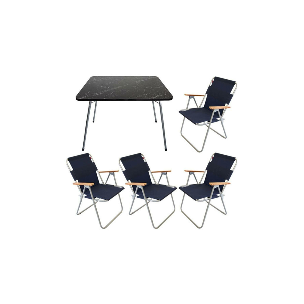 Bofigo 60X80 Granit Katlanır Masa + 4 Adet Katlanır Sandalye Kamp Seti Bahçe Balkon Takımı Lacivert