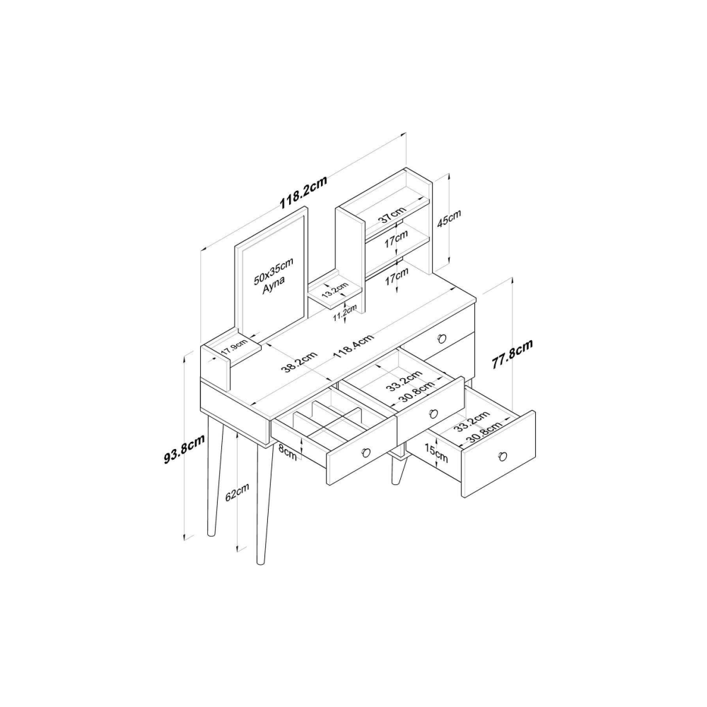 Rani Bj101 Makyaj Masası Çekmeceli Aynalı Takı Düzenleyici Beyaz
