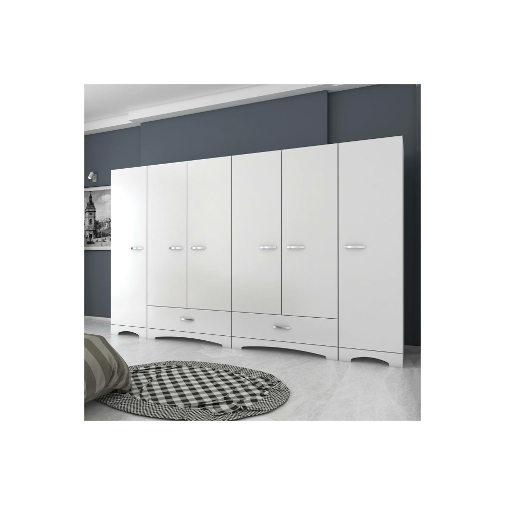Rani F4 Geniş Gardırop Elbise Dolabı 6 Kapılı 2 Çekmeceli 2 Askılı 12 Raflı Beyaz