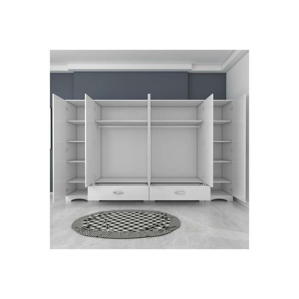 Rani F4 Geniş Gardırop Elbise Dolabı 6 Kapılı 2 Çekmeceli 2 Askılı 12 Raflı Beyaz