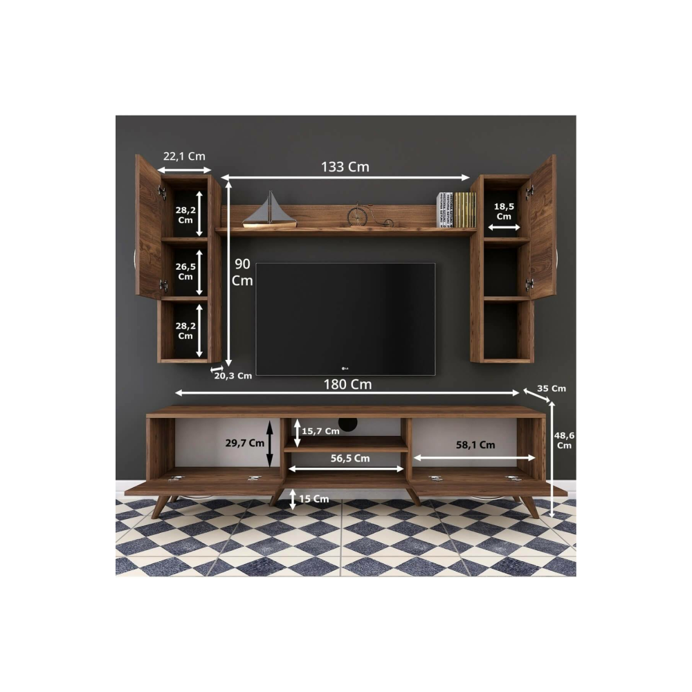 Rani A9 Duvar Raflı Kitaplıklı Tv Ünitesi Duvara Monte Dolaplı Modern Ayaklı Tv Sehpası Ceviz M27