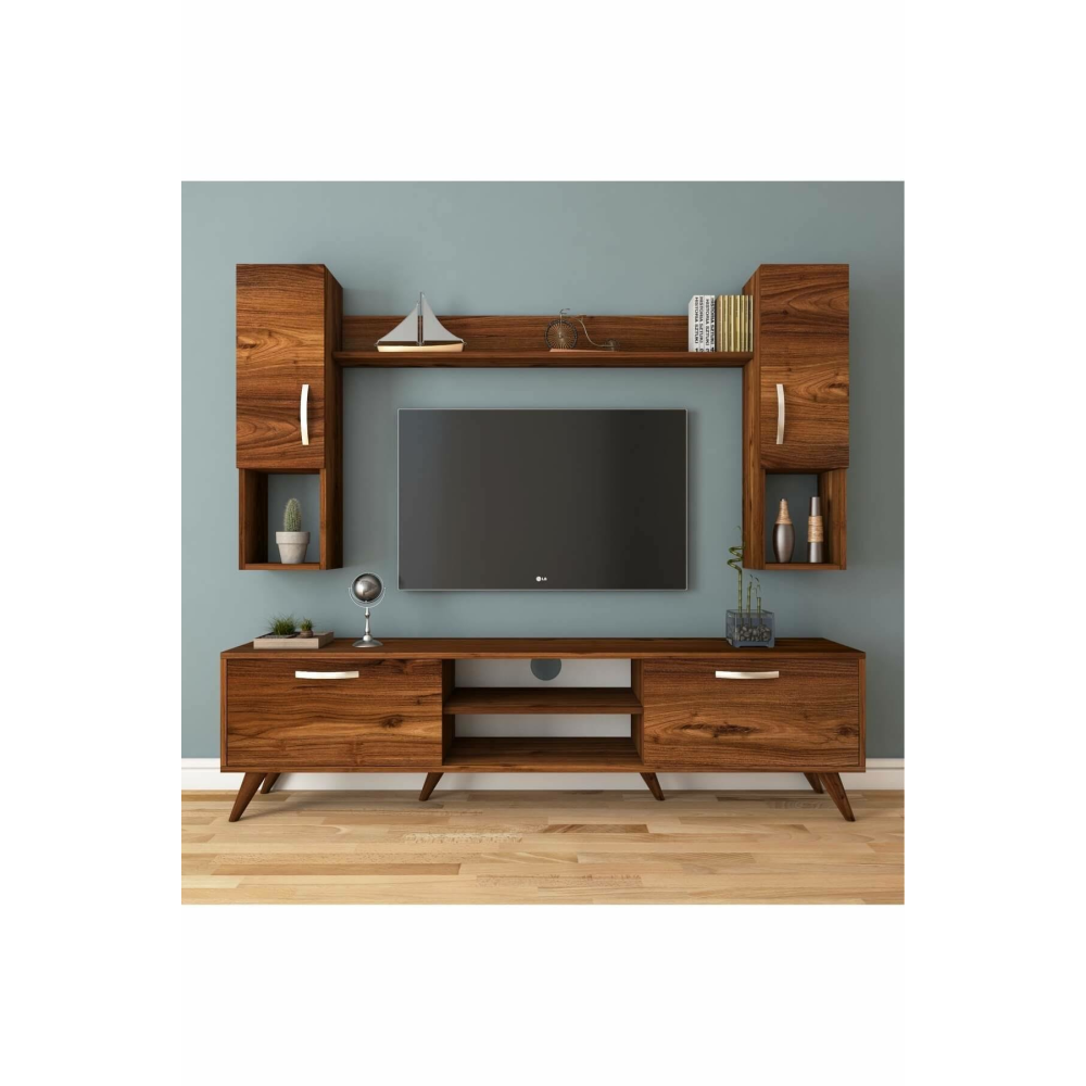 Rani A9 Duvar Raflı Kitaplıklı Tv Ünitesi Duvara Monte Dolaplı Modern Ayaklı Tv Sehpası Ceviz M27