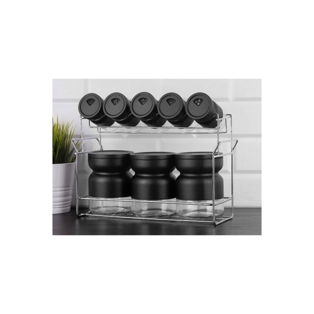 9 Parça Siyah Metal Kaplı Cam Baharatlık Baharat Takımı Seti