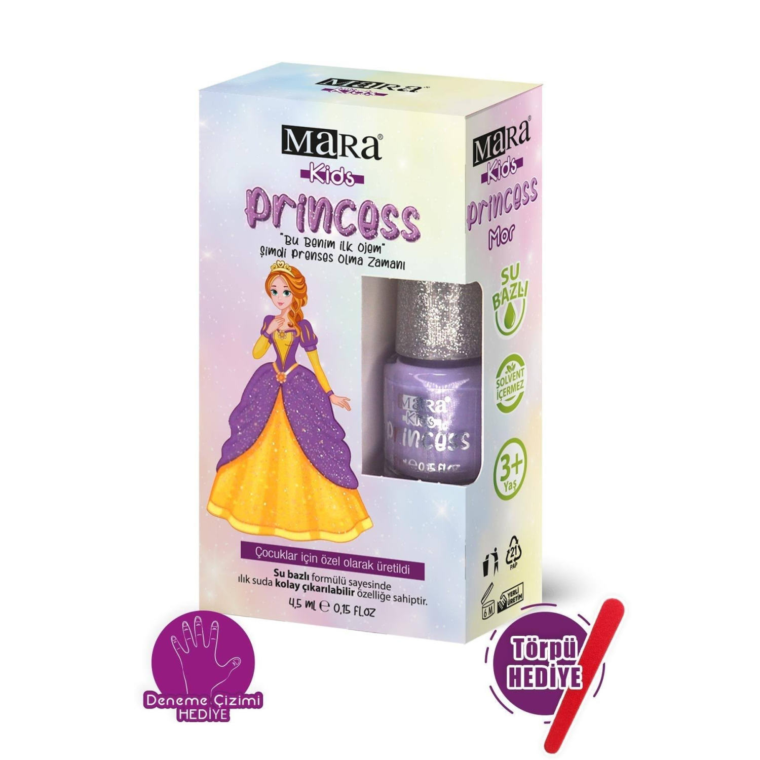 Mara Princess Yıkanabilir Su Bazlı Çocuk Ojesi - Mor (Törpü Hediyeli)