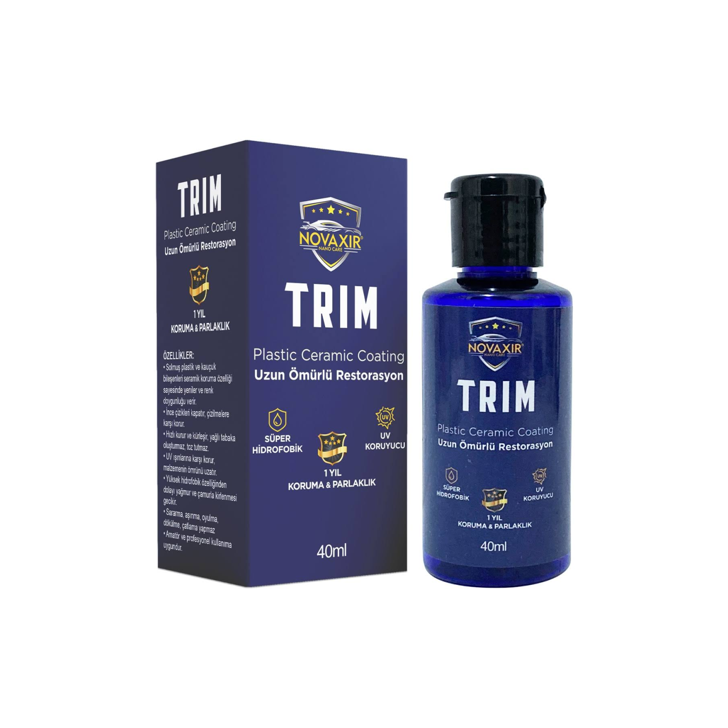 Novaxir Trim Plastik Seramik Kaplama 1 Yıl Parlaklık & Koruma Süper Hidrofobik 40ML NVTR40