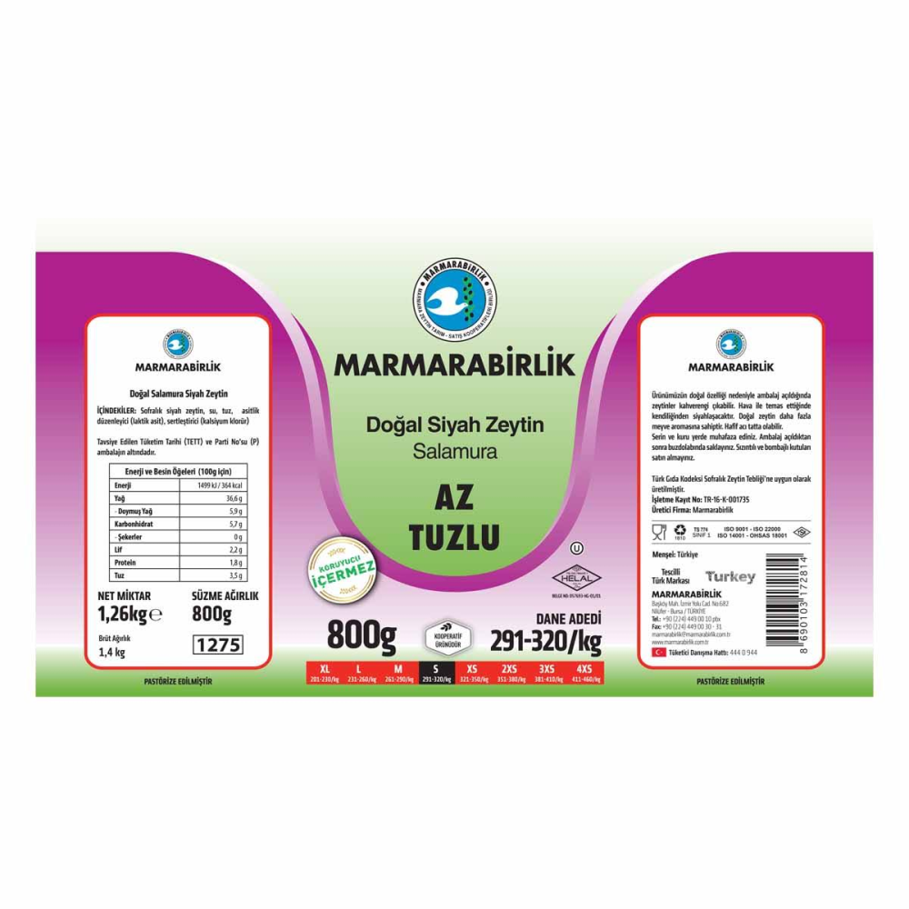 MARMARABİRLİK AZ TUZLU ZEYTİN 800 GR