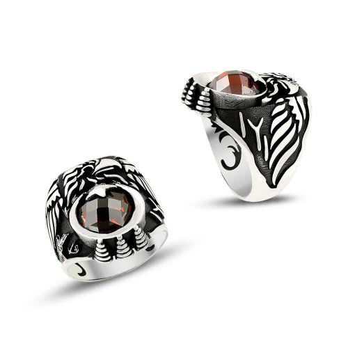 Kartal Motifli Taşlı Ay Yıldız Erkek Gümüş Yüzük