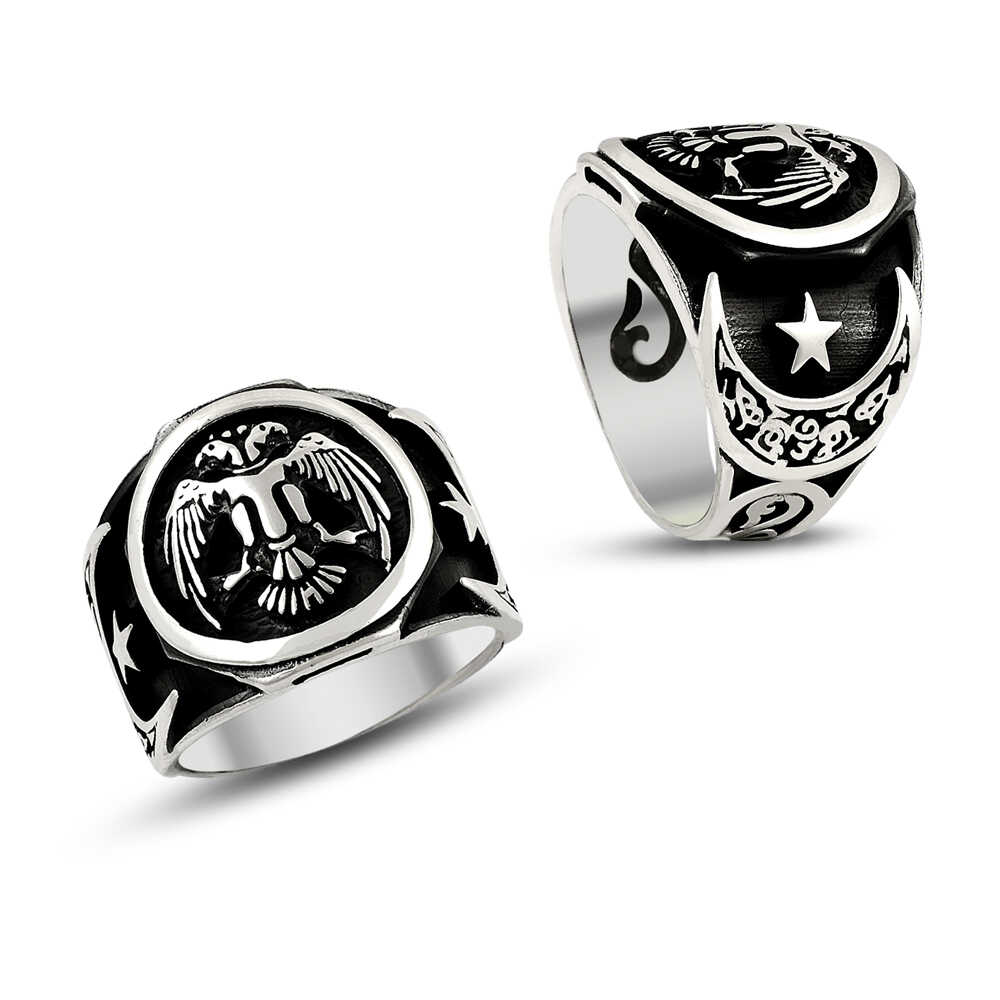 Çift Başlı Kartal Motifli Erkek Gümüş Yüzük