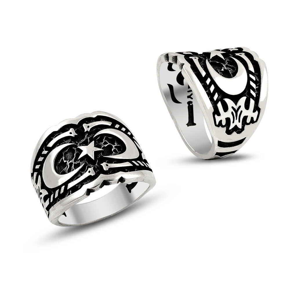 Çiftli Ay Yıldız Erkek Gümüş Yüzük