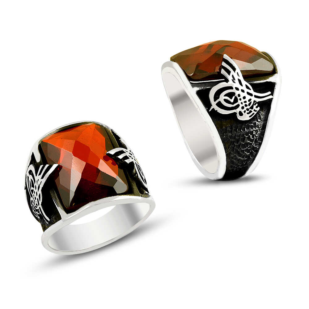 Kırmızı Taşlı Tuğralı Erkek Gümüş Yüzük