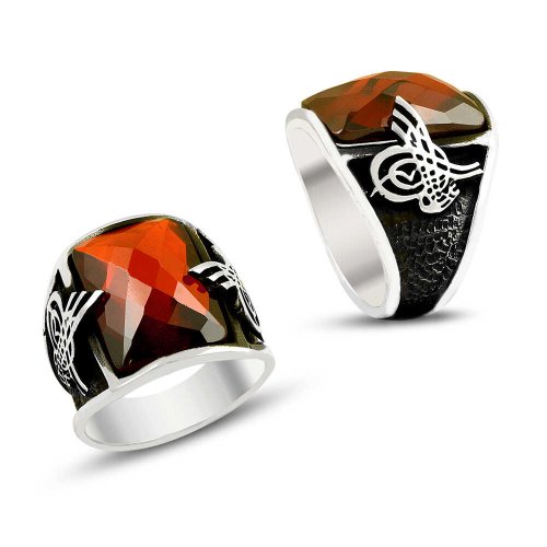 Kırmızı Taşlı Tuğralı Erkek Gümüş Yüzük