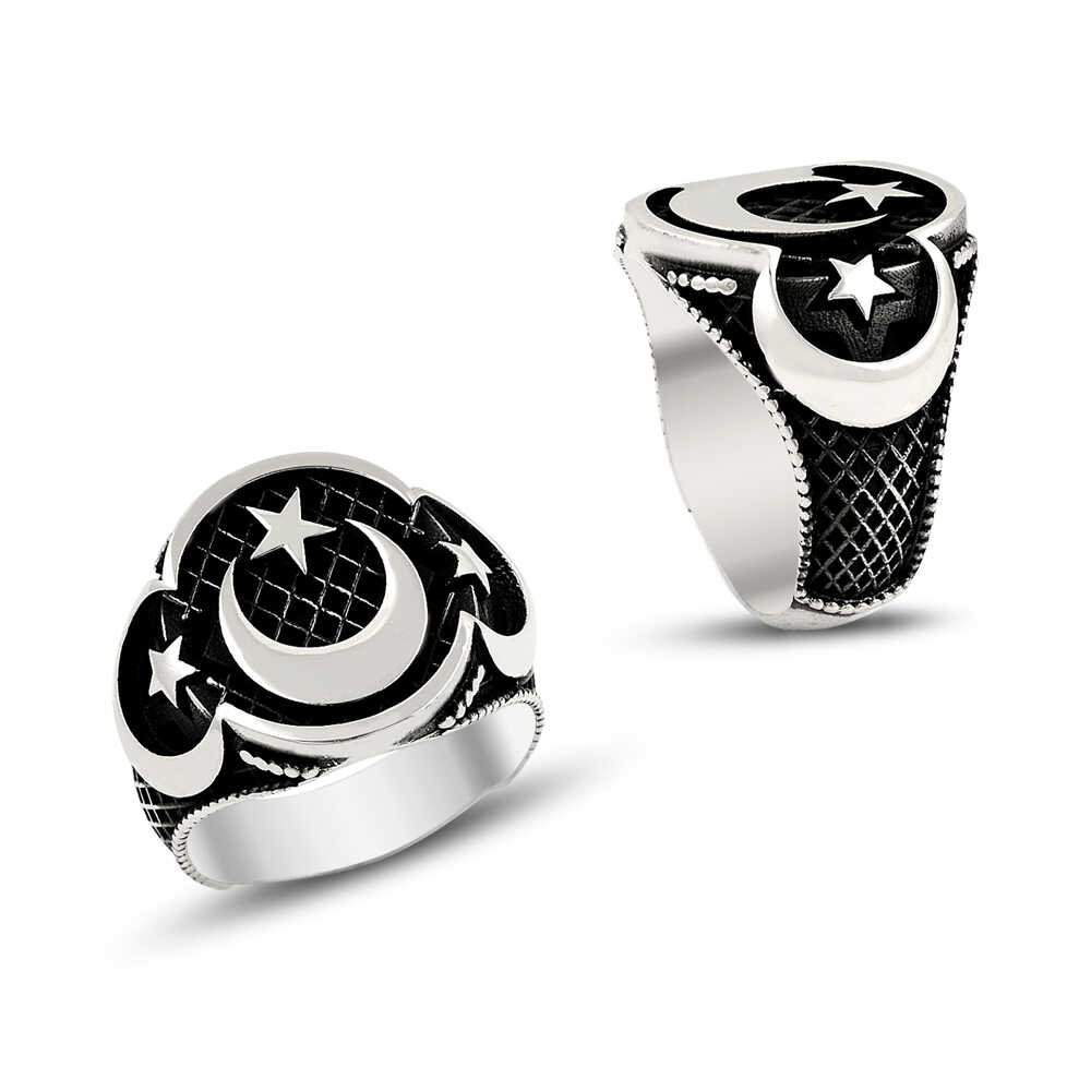 Ay Yıldız Motifli Erkek Gümüş Yüzük