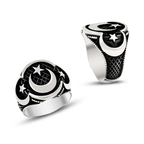 Ay Yıldız Motifli Erkek Gümüş Yüzük