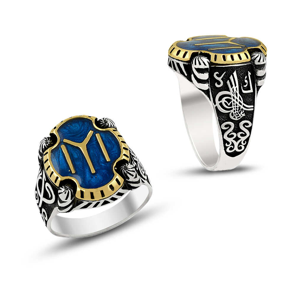 Çift Renk Mavi Mineli Kayı Boyu Erkek Gümüş Yüzük