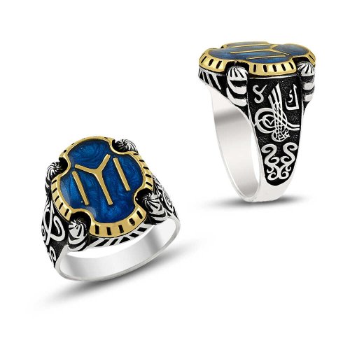 Çift Renk Mavi Mineli Kayı Boyu Erkek Gümüş Yüzük