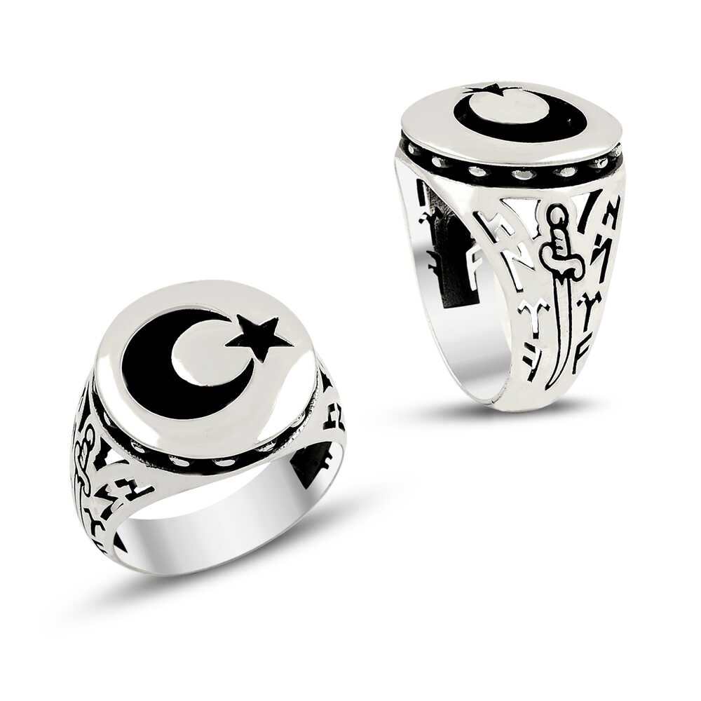 Ay Yıldız Motifli Erkek Gümüş Yüzük