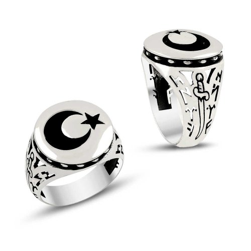 Ay Yıldız Motifli Erkek Gümüş Yüzük