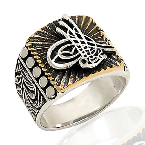 Desenli Tuğralı Erkek Gümüş Yüzük