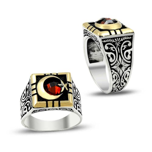 Motifli Kırmızı Taşlı Ay Yıldız Erkek Gümüş Yüzük