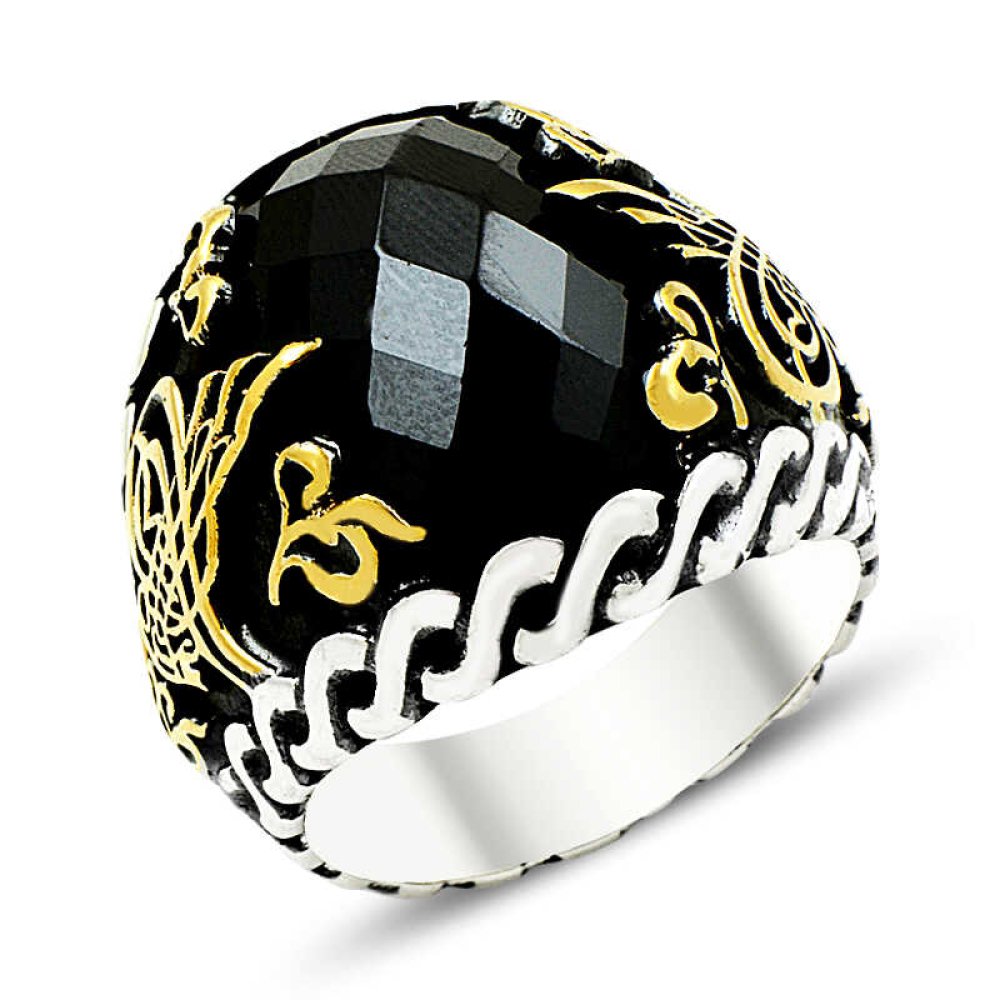 Oniks Taşlı Tuğralı Erkek Gümüş Yüzük