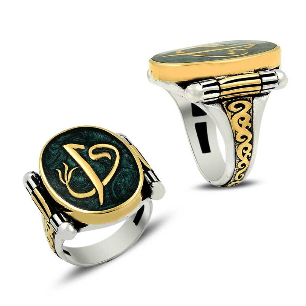 Yeşil Mineli Vav Elif Erkek Gümüş Yüzük