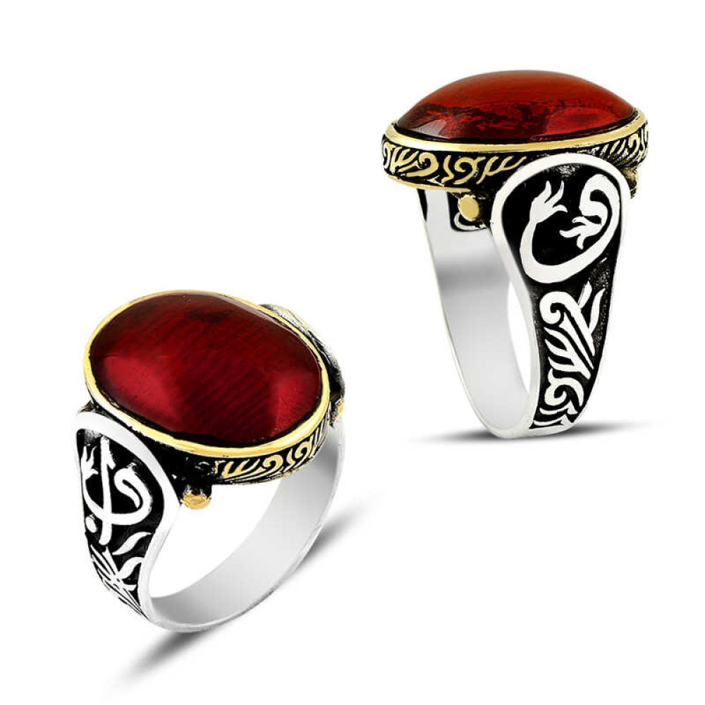 Kırmızı Zirkon Taşlı Erkek Gümüş Yüzük