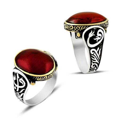 Kırmızı Zirkon Taşlı Erkek Gümüş Yüzük