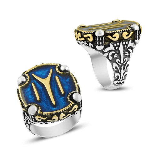 Desenli Mineli Kayı Boyu Erkek Gümüş Yüzük