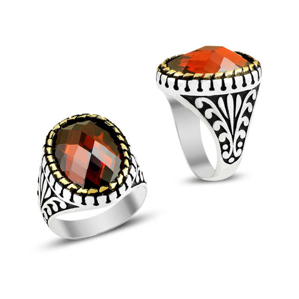 Desenli Zirkon Taşlı Erkek Gümüş Yüzük