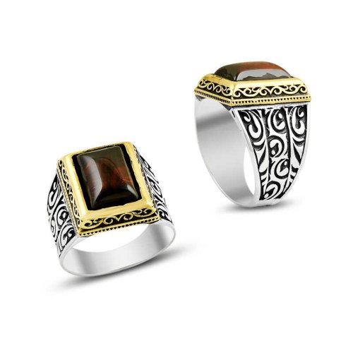 Karışık Desenli Taşlı Erkek Gümüş Yüzük