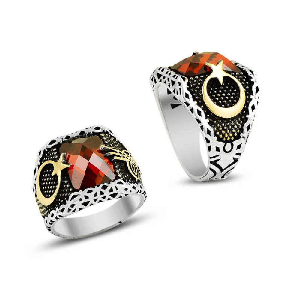 Taşlı Ay Yıldız Tuğralı Erkek Gümüş Yüzük