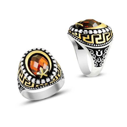 Çift Renk Taşlı Ay Yıldız Erkek Gümüş Yüzük