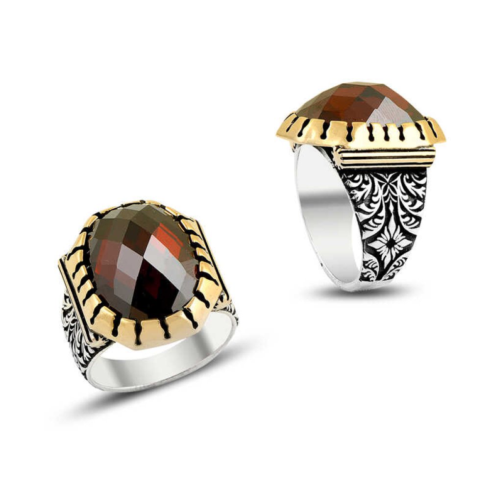 Zirkon Taşlı Motifli Erkek Gümüş Yüzük