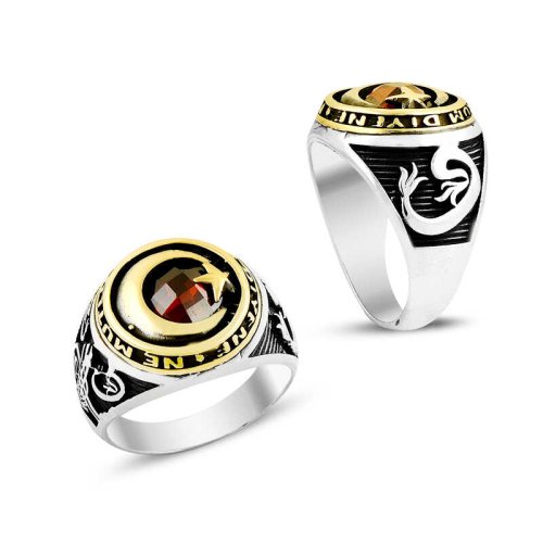 Tuğralı Zirkon Taşlı Ay Yıldız Erkek Gümüş Yüzük