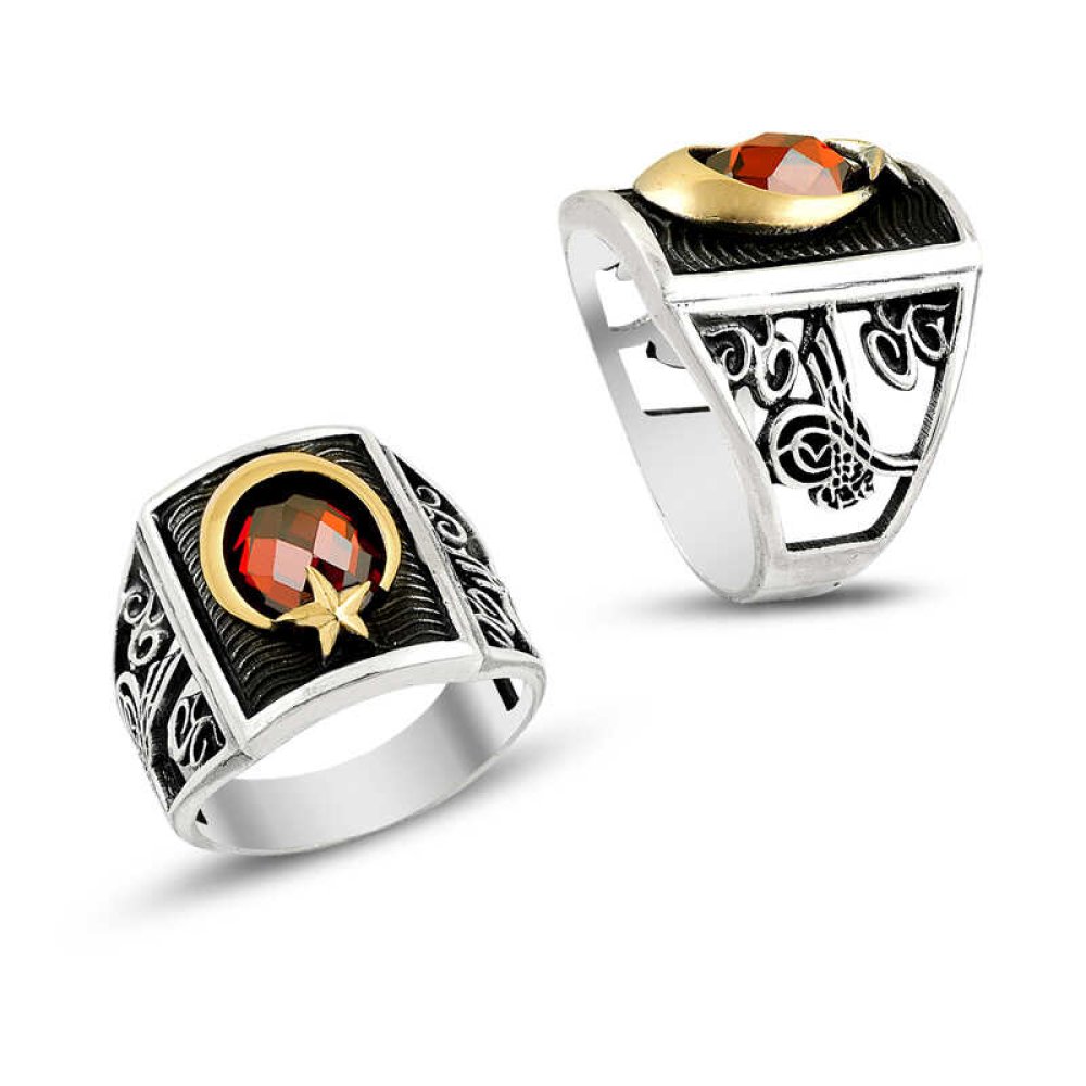 Tuğralı Kırmızı Taşlı Ay Yıldız Erkek Gümüş Yüzük