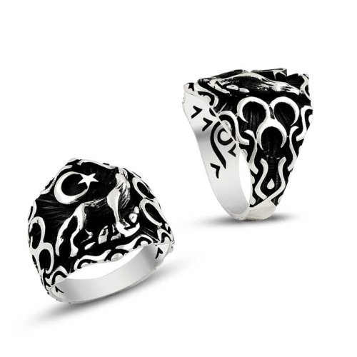 Üç Hilal Motifli Bozkurt Erkek Gümüş Yüzük