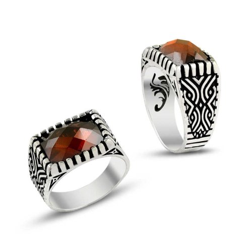 Kırmızı Zirkon Taşlı Desenli Erkek Gümüş Yüzük