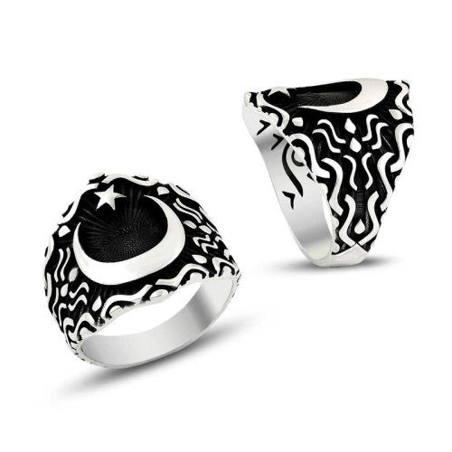 Ay Yıldız Motifli Erkek Gümüş Yüzük